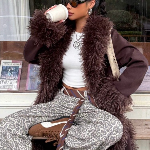 None Jackets & Blazers - Brown Faux Fur Trim Coat